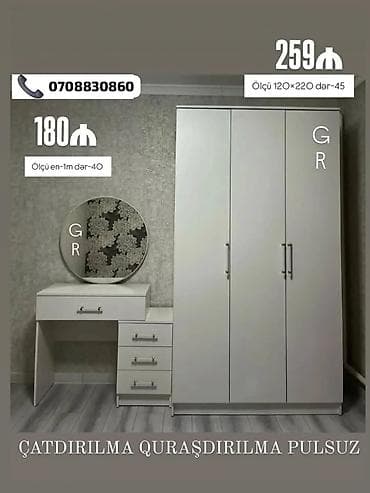 ustolar: Ağ rəngli yataq otağı mebel dəsti - 3 qapılı şkaf: ölçü 120×220 — 1