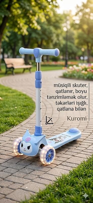 mopeti: Musiqili uşaq skuteri – Kuromi dizaynı - 3 təkərli sabit konstruksiya — 3