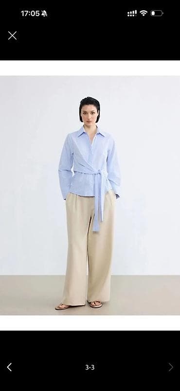 Zolaqlı mavi-ağ köynək/bluz - Model: beldən bağlamalı dizayn (uzun — 3