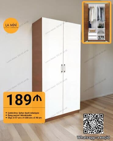Masa və oturacaq dəstləri: Ağ və taxta rəngli minimalist dizaynlı üç qapılı dolab. Dolabın iki