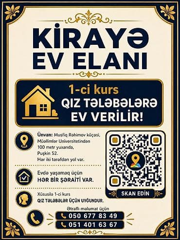 gence gunluk kiraye evler: Kirayə ev elanıdır – 1-ci kurs qız tələbələr üçün. - Ünvan: Müşfiq — 1