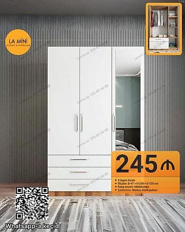 3 qapılı dolab - Ölçülər: D 47 x H 200 x U 120 sm - Rəng seçimi
