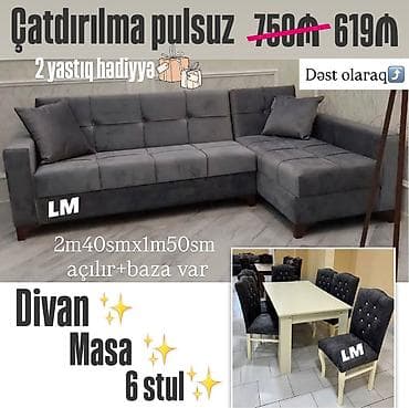 divan kohnə: Dəst olaraq: künc divan + masa + 6 stul - Künc divan: 2 m 40 sm x 1 m — 1