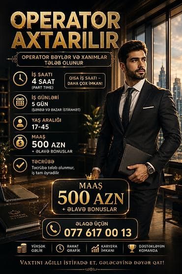 Çağrı mərkəzi operatoru tələb olunur, 18-29 yaş, Təcrübəsiz, Aylıq ödəniş