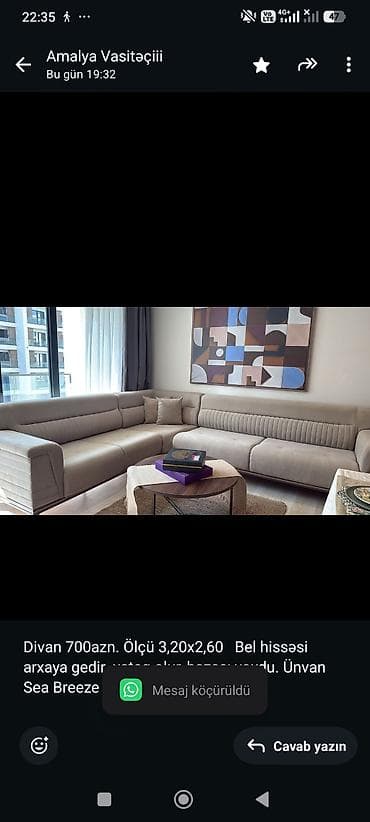 Divan 700azn. Ölçü 3,20x2,60 Bel hissəsi arxaya gedir yataq olur