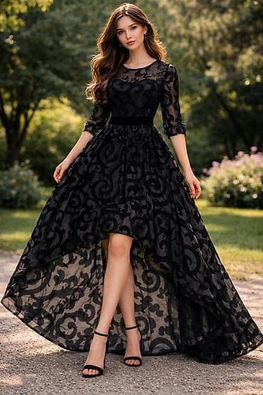 Личные вещи: Zərif qara məxməri naxışlı şifon don - Model: yüksək-aşağı (ön tərəfi — 1