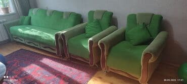 диван и 2 кресла: Раскладной диван, Б/у, Раскладной, Без подьемного механизма, Ткань, Платная доставка — 1