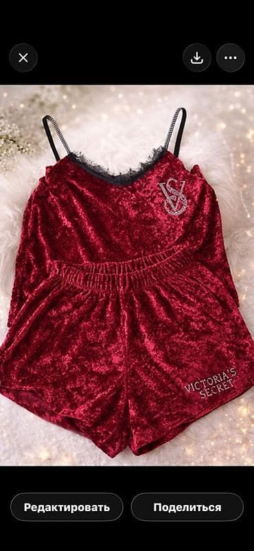 Qadın geyimləri – 3 fərqli model 1) Qırmızı velvet pijama dəsti - İki