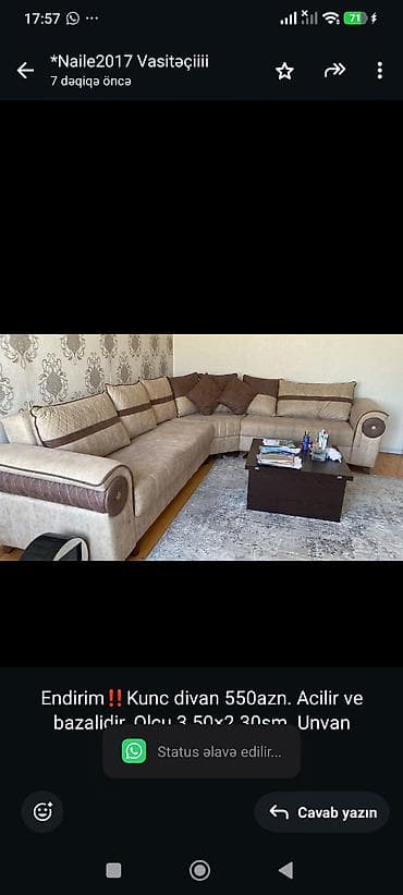 Endirim‼️Kunc divan 550azn. Acilir ve bazalidir. Olcu 3.50×2.30sm