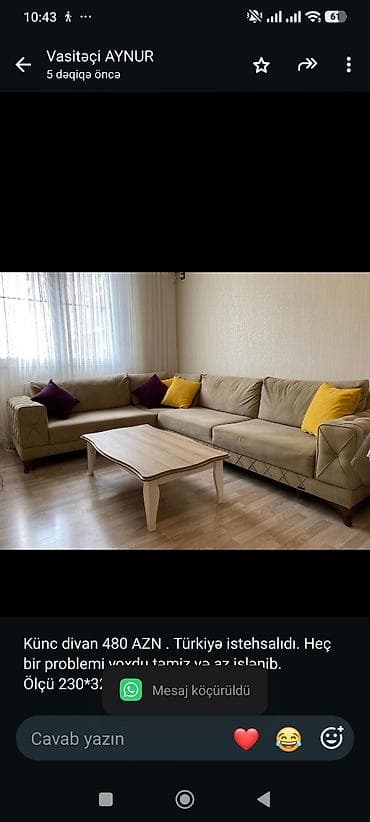 Künc divan 480 AZN . Türkiyə istehsalıdı. Heç bir problemi yoxdu təmiz — 1