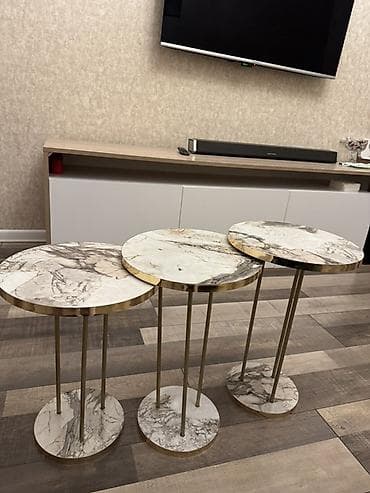 Mərmər dekorlu 3-lü yan masa dəsti - Dəst: 3 ədəd dairəvi yan/servis