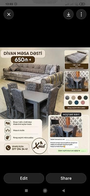 reception masa: Divan–Masa Dəsti – Künc divan: 1.60 x 2.60 ölçü, kitab kimi açılan — 1