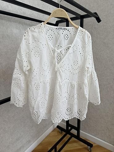 push up helanke: Ağ rəngli pambıq broderiya bluz - Nəfəsalan, yüngül pambıq parçadan - — 2