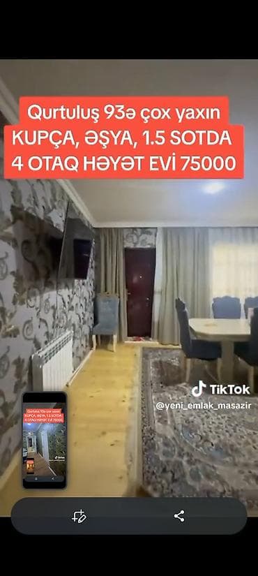 şamaxi ev: Qurtuluş 93-ə çox yaxın, kupçalı, əşyalı həyətyanı ev. - Sahə: 1.5 — 8