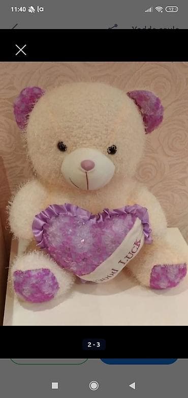 ucuz hediyeler: Bənövşəyi ürəkli oyuncaq ayı - Rəng: krem rəngi tüklü gövdə, qulaq — 2