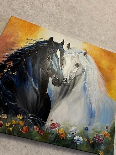 Şəkillər, tablolar: Əl işi yağlı boya tablo – “İki At” Kətan,taxta,şüşə qablara istənilən — 2