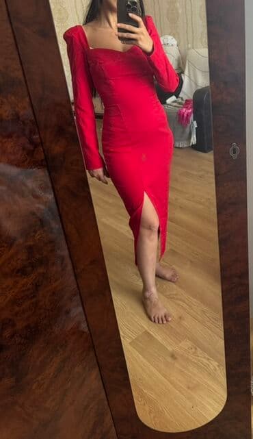 zara xs: Qırmızı uzun ziyafət donu - Rəng: qırmızı - Model: bədənə oturan — 2