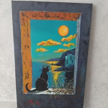 yağlar: Dənizi seyr edən pişik . 40×60 Kətan üzərində akril və yağlı boya — 3