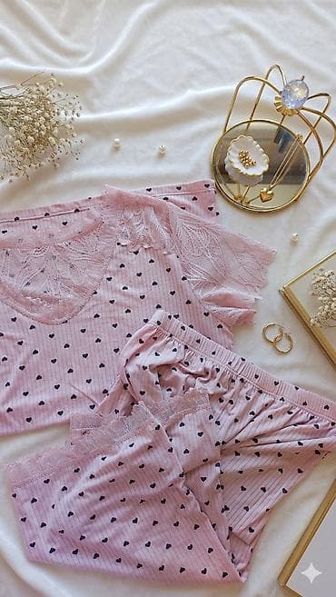 Нижнее белье: Qadın pijama dəsti – ürək naxışlı, krujeva detallı - Model: qısaqol — 3