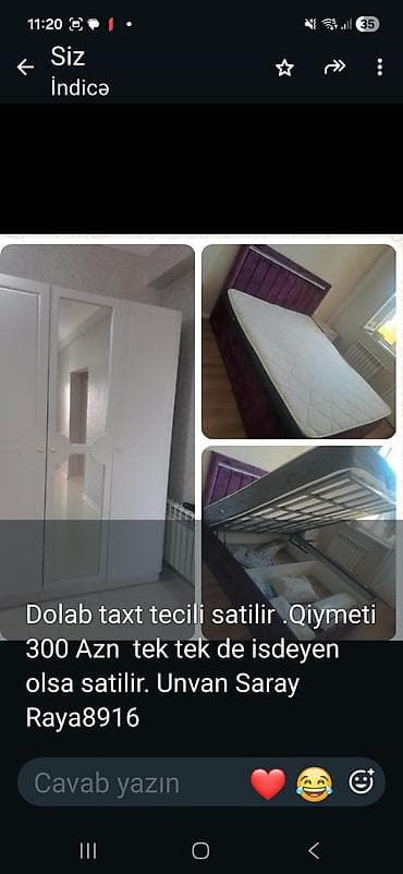 skaf paltar: Dolab və taxt satılır. - Dolab: ağ rəngdə, 3 qapılı, ortada güzgülü — 1