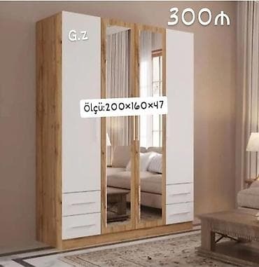 4 qapılı, Güzgülü, Ağ, Açılan, Düz dolab