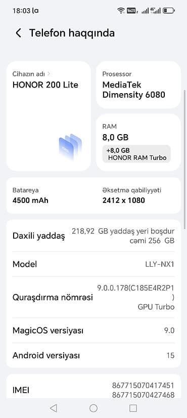 bakcell telefon satisi: Honor 200 Lite, 256 GB, rəng - Qara, İki sim kartlı — 3
