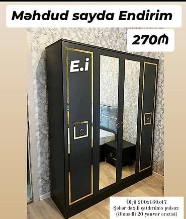 3 qapılı, Güzgülü, Qara, Açılan, Düz dolab