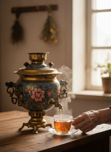 самовар: Rəngli əl naxışlı metal samovar - Material: mis/latun tonlarında — 1