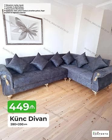 Künc divan – 280×200 sm - Mexanizm: açılan, bazalı (yataq funksiyası
