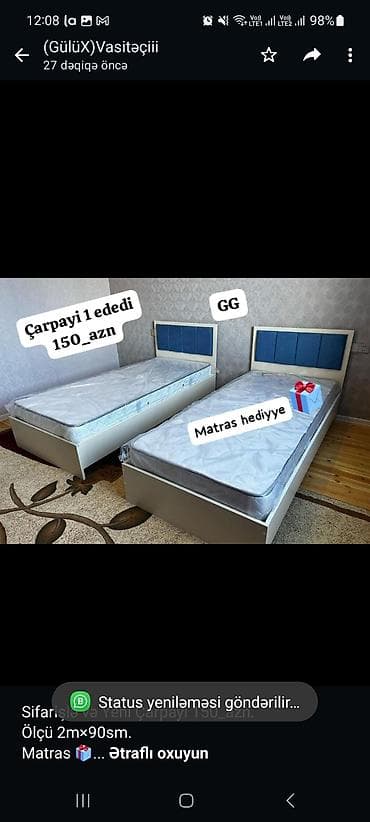 Sifarişlə və Yeni Çarpayi 150_azn. Ölçü 2m×90sm. Matras 🎁 Rəng seçimi — 1