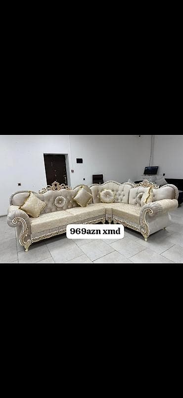 Klassik üslubda L formalı künc divanı - Rəng: açıq bej/şampan — 1