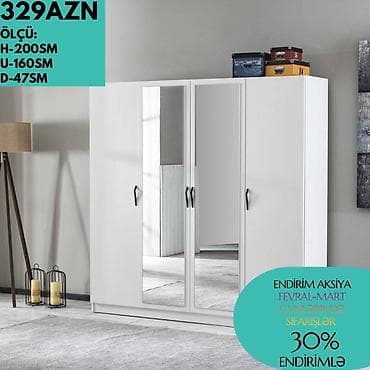 Yeni, 4 qapılı, Güzgülü, Ağ, Digər material, Açılan, Düz dolab