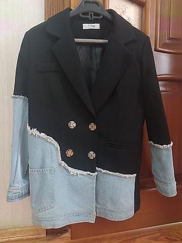 cins pencekler: Qadın üçün hibrid üslubda bleizer/palto - Rəng: qara + açıq mavi denim — 2