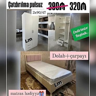 yatağ: ÇARPAYI+DOLAB 💥 Yeni və sifarişlə Qiymət : 329₼ Dolab : 90x2×47 — 1