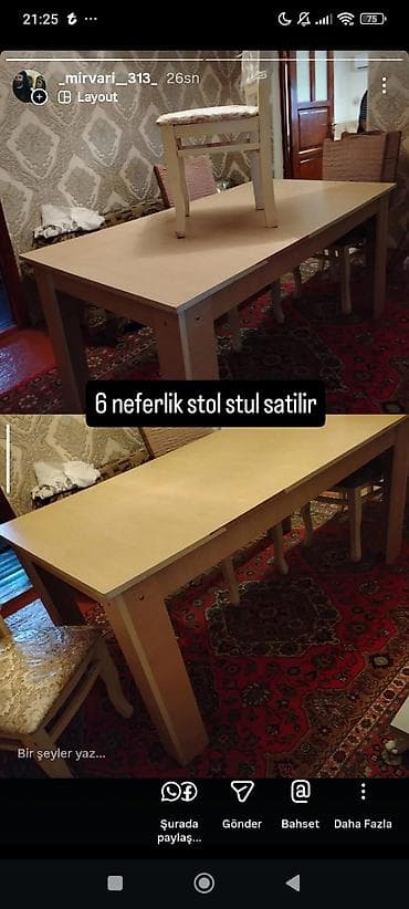 Açılmayan, Dördbucaq masa, 6 stul