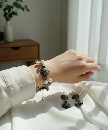 uzun qizil sirqalar: Zərif bəzək dəsti – qolbaq və sırğalar - Tərkib: metal zəncir əsaslı — 1