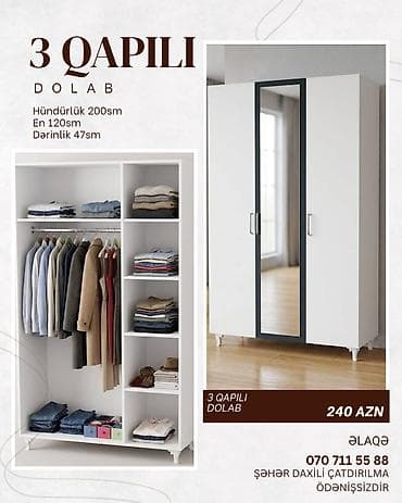3 qapılı paltar dolabı Ölçülər: - Hündürlük: 200 sm - En: 120 sm -