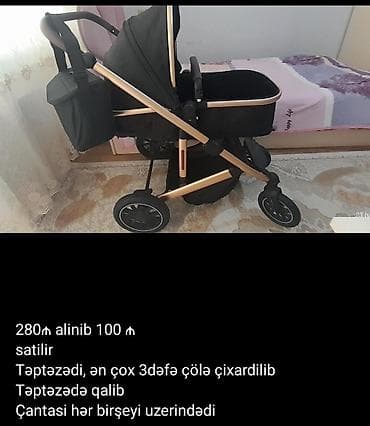 Uşaq arabası dəsti 8 - 3 təkərli, qızılı-çəhrayı çərçivəli premium