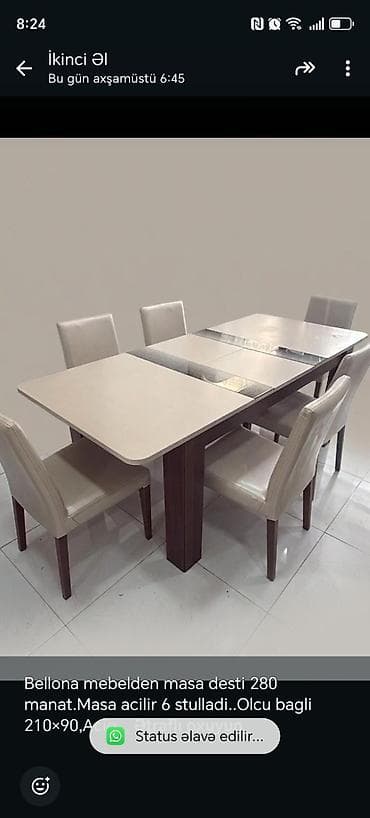 Açılan, Dördbucaq masa, 6 stul