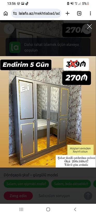 tek dolab: Dördqapılı şkaf – güzgülü model - Rəng: boz (qızılı dekor haşiyələr) — 1