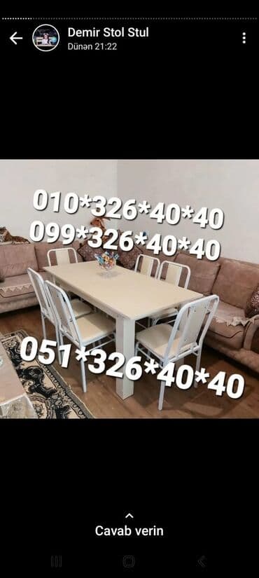 Masa və oturacaq dəstləri: Qonaq otağı üçün, Yeni, Açılmayan, Kvadrat masa, 8 stul — 10