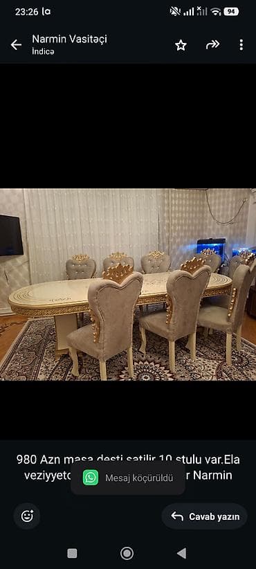 stol dəst: 980 Azn masa desti satilir 10 stulu var.Ela veziyyetdedir Unvan — 1