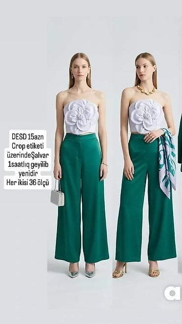 İki hissəli dəst: - Üst: ağ strapless crop-top, ön hissədə iri 3D — 1