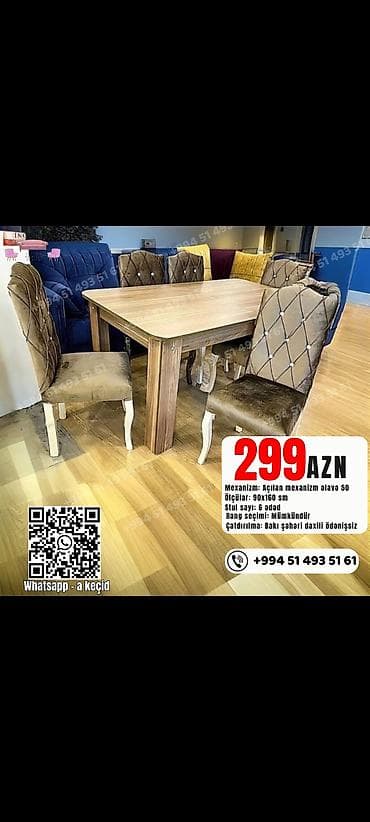 Qonaq otağı üçün, Yeni, Açılan, Dördbucaq masa, 6 stul