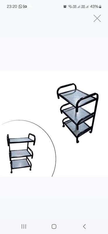 ofis əşyaları: Üç rəfi olan təkərli, metal konstruksiyalı mobil rəf. Bu rəf salonda — 1
