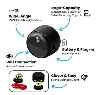 hard disk: Mini Wi‑Fi təhlükəsizlik kamerası - 1080P Full HD geniş bucaq + gecə — 1