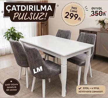 bag stullari: Stol + 4 stul dəsti - Rəng: ağ stol, boz məxməri toxumalı stullar - — 1