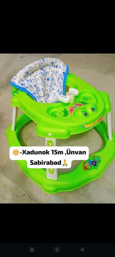 usaq ucun masinlar: Uşaq xadunoku (gəzdirici) - Rəng: parlaq yaşıl - Yumşaq, naxışlı — 1