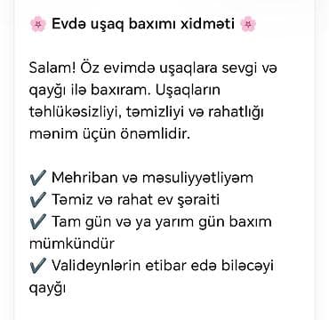 Evdə uşaq baxımı xidməti Öz evimdə uşaqlara sevgi və qayğı ilə baxım