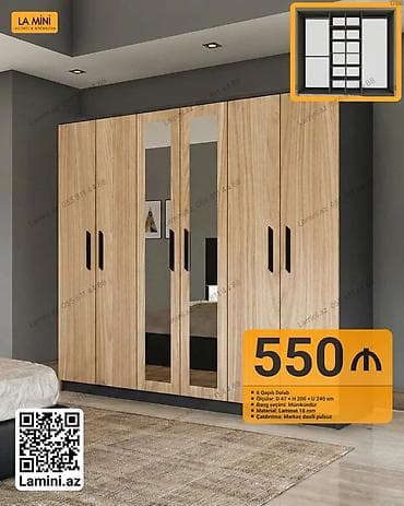 - Məhsul: 6 qapılı şkaf - Qiymət: 550 ₼ - Ölçülər: D 47 x H 200 x U